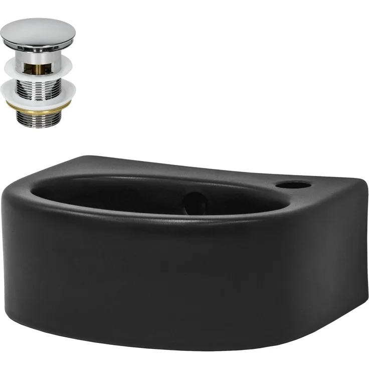 ML-Design Waschbecken Keramik Schwarz 33,5x25,5x13cm, inkl. Ablaufgarnitur mit Push-Open-Technologie und wandmontagefähigem Design