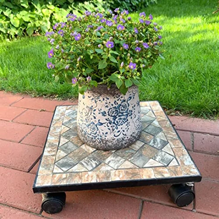 K&L Wall Art Mosaik Pflanzenroller Vintage Gefäßroller Steinmosaik Blumenhocker Tisch mit Rollen wetterfest Naturstein (Quadratisch 33 x 33cm) – Bild 2