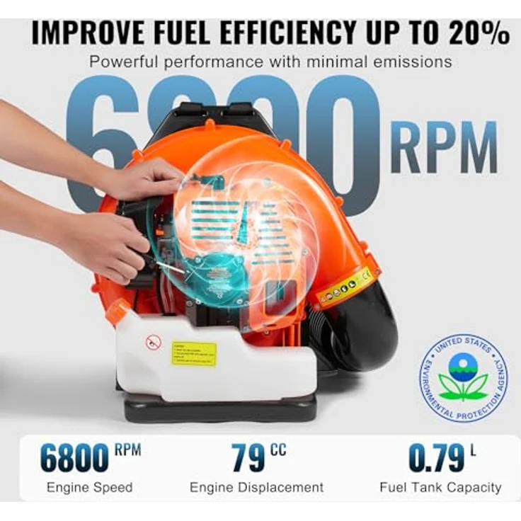 VEVOR Rucksack-Laubbläser, 79 CC 2-Takt Benzin, 930 CFM Luftvolumen, 184 MPH Geschwindigkeit, 3-Liter-Kraftstofftank, ideal für Rasenpflege und Laubreinigung – Bild 3