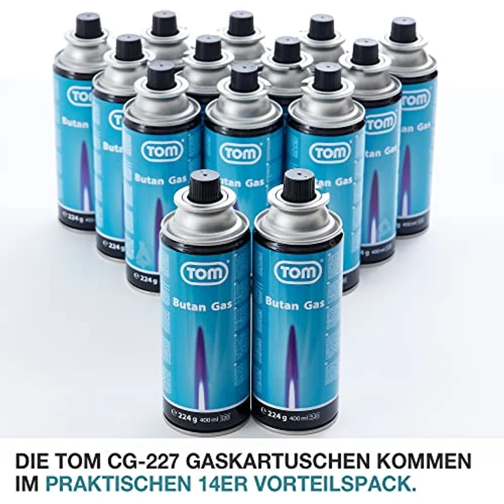 TOM 14 x Butangas Gaskartuschen CG-227 Set mit MSF-1A Bajonettventil, ideal für Campingkocher, Gaslampen und Unkrautbrenner – Bild 2