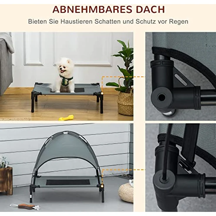 PawHut Haustierbett mit Baldachin, Erhöhtes Hundebett, Hundeliege Outdoor mit Dach, Atmungsaktiv, Taftstoff Grau 61 x 46 x 62 cm – Bild 5