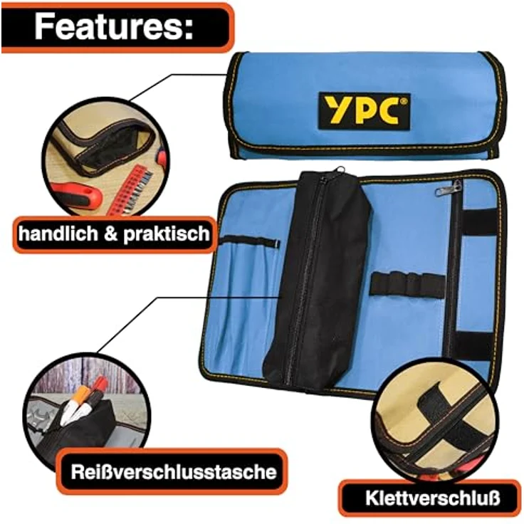 YPC VarioRoll M, Werkzeugrolltasche 36x25cm mit 2 Reißverschlusstaschen, 4 Steckfächern und 4 Schlaufen, wasserfestes Oxford 600D Polyester, leicht und kompakt – Bild 5