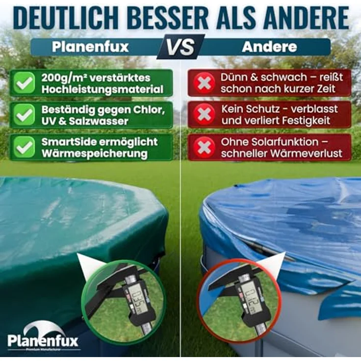 Planenfux® Pool-Abdeckplane rund 200g/m² PE Material, Grün, Ø 366 - 400 cm, inkl. Planenseil – Bild 3
