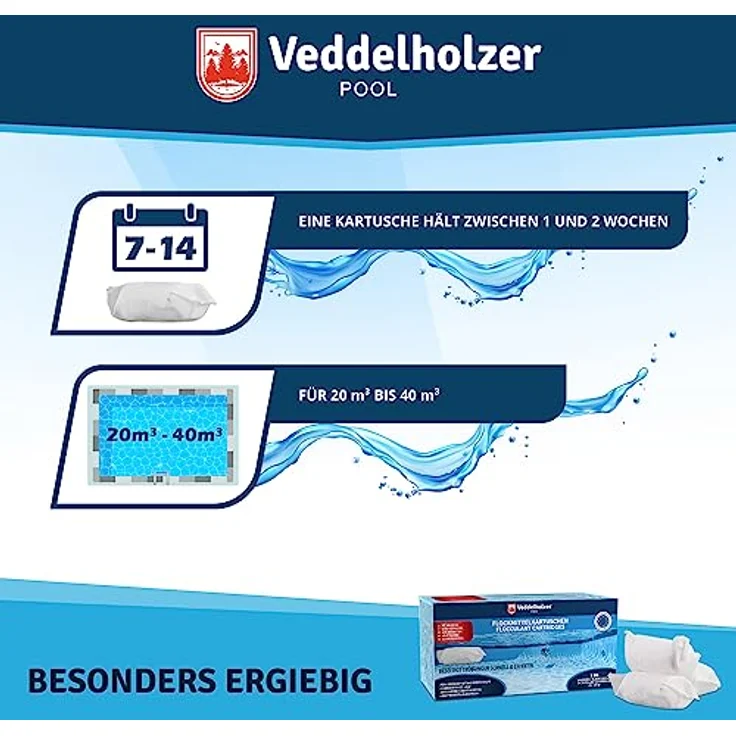 Veddelholzer Flockmittel für Pools, 1 kg Flockungsmittel in Kartuschen (8 x 125g) für Sand- und Glasfilteranlagen, effektive Poolpflege für klares Wasser – Bild 3