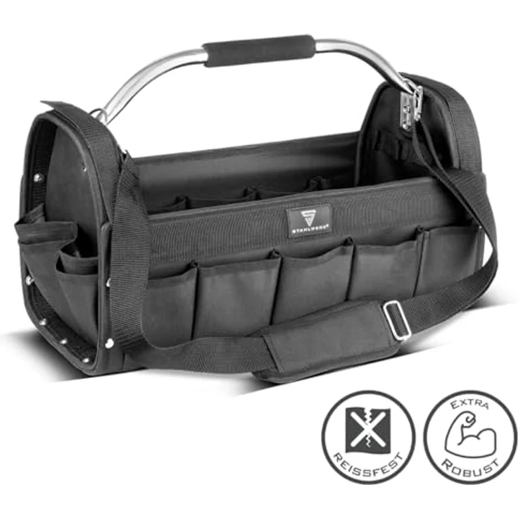STAHLWERK Werkzeugtasche 18 Außentaschen, 10 Innentaschen, robuste Installateur-Tasche aus strapazierfähigem Polyester mit Tragegriff und Schultergurt – Bild 2