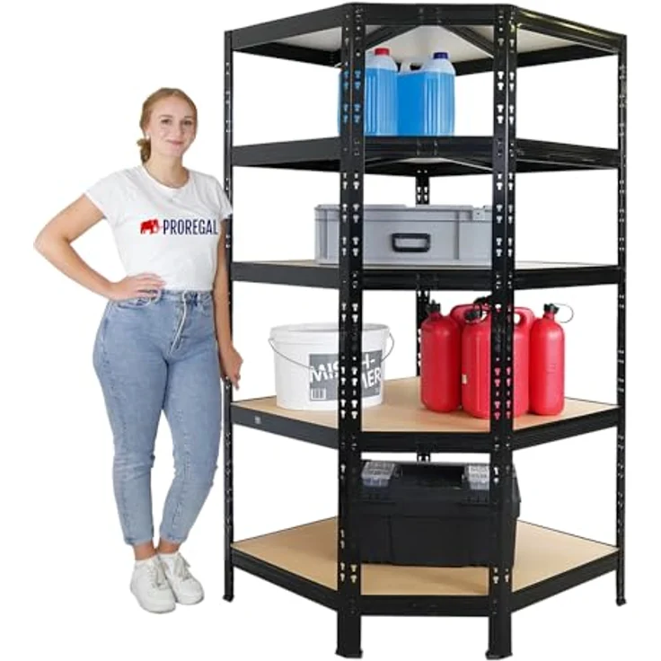Proregal Eckregal Tiger, 180 x 90 x 60 cm, 5 höhenverstellbare Fachböden, Traglast 175 kg pro Boden, Schwarz – Bild 3