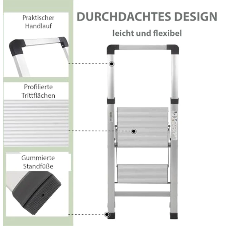 TRUTZHOLM Alu Trittleiter 2-stufig klappbar, bis 150 kg Traglast, Aluminium Silber, Anti-Rutsch Trittflächen, TÜV/GS geprüft, leicht mit Handgriff, platzsparend, 3,2 kg – Bild 4