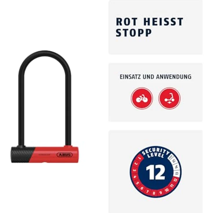 ABUS Bügelschloss Ultimate 420K/170HB230 RD USH, 14 mm gehärteter Stahl, roter Rundbügel, kompakte Halterung – Bild 2