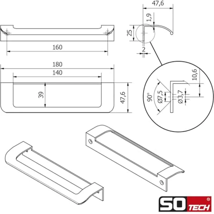 SO-TECH Möbelgriff LYS, 160 mm in weiß matt, 5er Set für Schränke und Schubladen – Bild 6