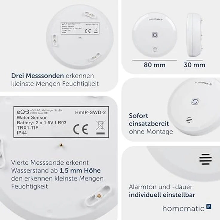 Homematic IP Smart Home Wassersensor 160017A0, zuverlässiger Wassermelder mit Sirenenalarm und Push-Benachrichtigung, batteriebetriebene Sicherheit für innen und außen – Bild 3