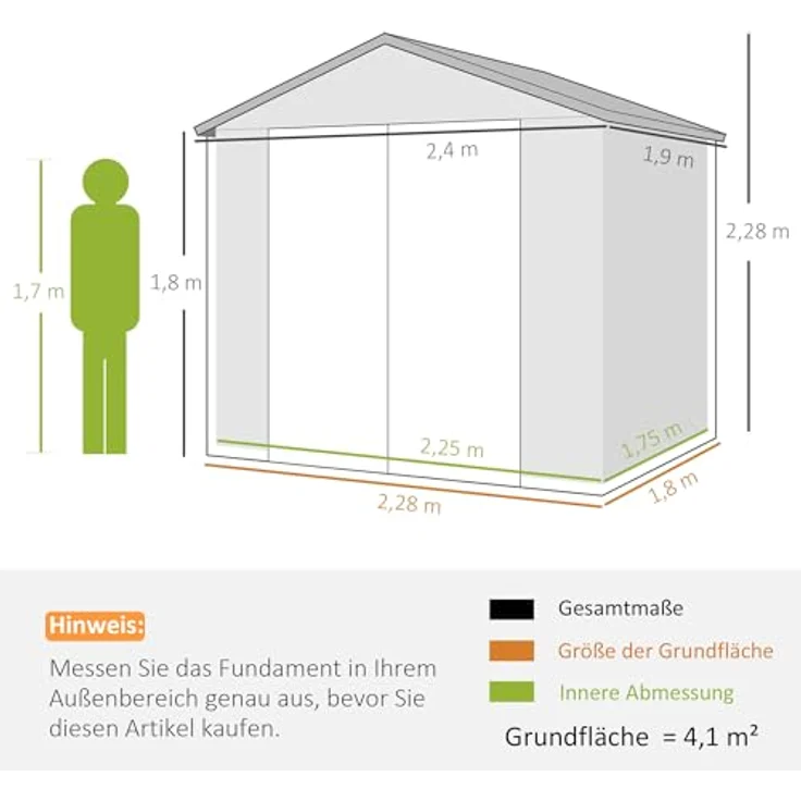 Outsunny Gerätehaus 4,1m², Geräteschuppen mit Satteldach, hellgrau, abschließbare Tür und Belüftungsöffnungen, 240 x 190 x 228 cm – Bild 8