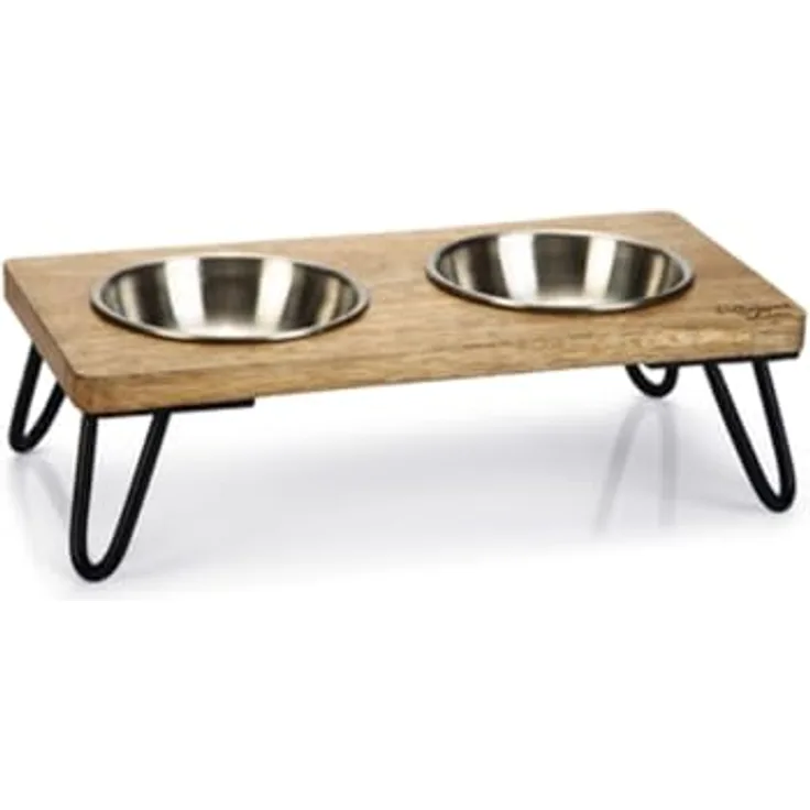 Designed by Lotte Linga Futternapf (0.32 l), Katzenschale aus Mangoholz und Edelstahl