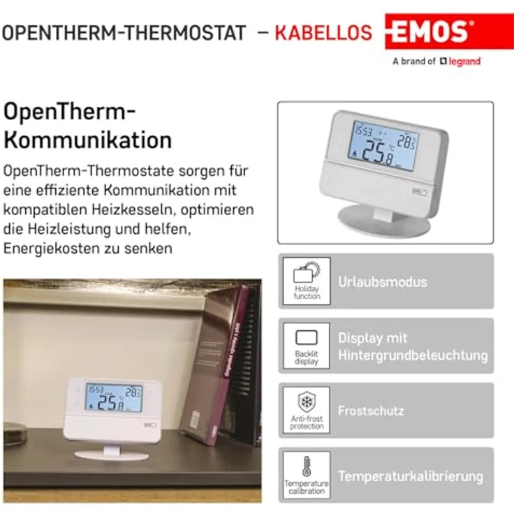 EMOS Funk-Raumthermostat, programmierbar mit OpenTherm-Unterstützung, Sender+Empfänger, 126 x 84 mm, Weiß – Bild 3