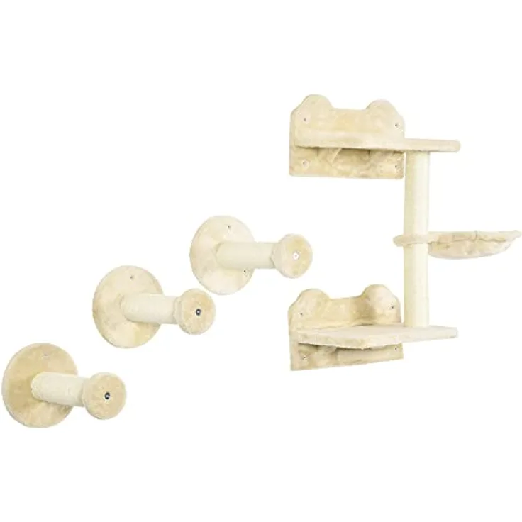 PawHut Katzen Kletterwand, 4-teilig, Katzenkletterwand, inkl. 1 x Sprungturm, 3 x Kratzbäume, Kletterwand Set, Kratzbaum mit Hängematte, Wandliege Katzen, Katzentreppe, Sisal, Beige+Cremeweiß