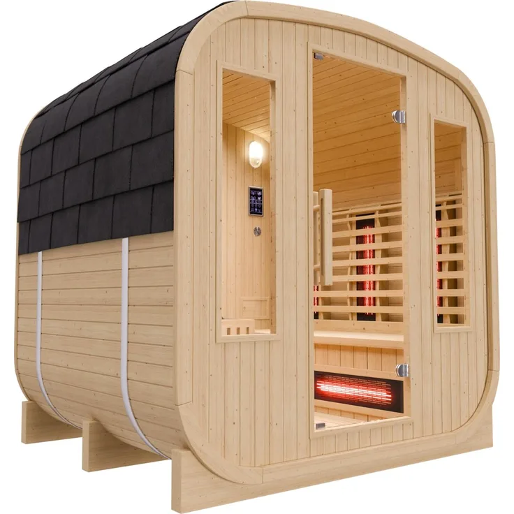 Dewello® -Cube Outdoor Fasssauna Richmond - 200 cm x 180 cm x 200 cm, Fichtenholz - 10 Infrarotstrahler, Saunaofen, Saunazubehör - Gartensauna für 4 Personen