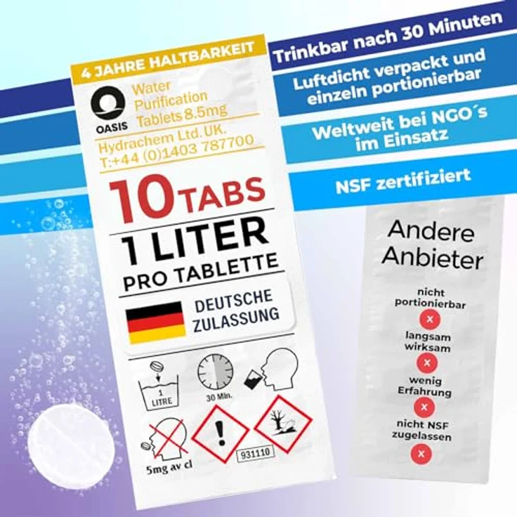 Wicked Chili Oasis 10x Wasserreinigungstabletten - 1 Liter Trinkwasser pro Tablette - Water Purification Tablet für Outdoor, Notfall, Camping, Reiseapotheke, Chlortabletten, Notfallset (8.5MG NaDCC) – Bild 9