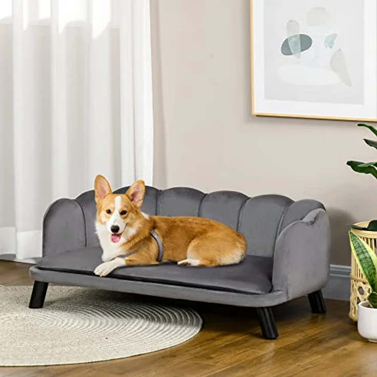 Pawhut Hundesofa mit Rückenlehne Haustiersofa mit Holzbeinen Hundebett Weichem Bezug, Katzensofa Dunkelgrau 98,5x60,5x35,5 cm – Bild 2