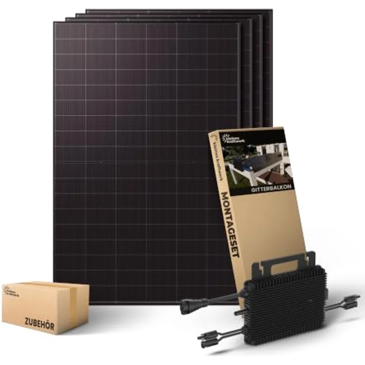 Kleines Kraftwerk Quattro XL 2000Wp Balkonkraftwerk, 4x500W bifaziale Solarmodule, 800W Wechselrichter mit WiFi & Bluetooth, Gitterbalkon-Halterung – Bild 1