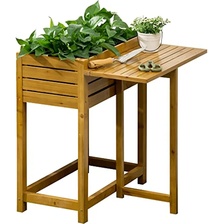 Outsunny Hochbeet Blumenkasten Pflanzkasten mit klappbarer Tischplatte, Kräuterbeet mit Innenverkleidung aus Vlies, für Garten, Terrasse, Holz, Braun, 64 x 63 x 74,5 cm