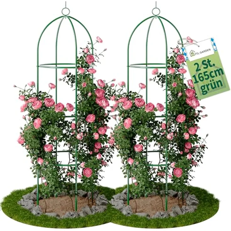 TTL Garden Obelisk Rankhilfe, 2er Set, grün, 165 cm hoch, pulverbeschichteter Stahl, stabil für Kletterpflanzen, ideale Rosensäule und Stütze für Tomaten und Gurken