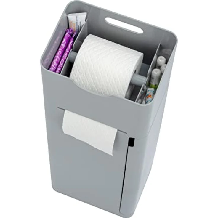 WENKO Stand WC-Garnitur Imon 6 in 1, mit integriertem Toilettenpapierhalter, WC-Bürstenhalter, Ersatzrollenhalter, Stauraumfächer und Ablage, solider Kunststoff, 20 x 58,5 x 15 cm, Grau mattiert – Bild 5