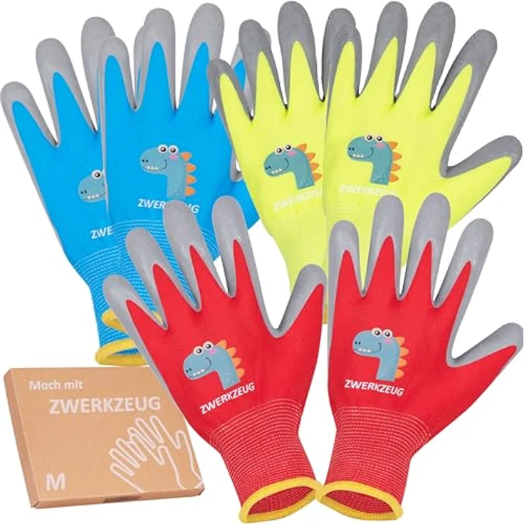 ZWERKZEUG 3 Paar Kinder Arbeitshandschuhe, natürliche Latexschicht und dehnbare Gewebe, Gummibeschichtung, mehrfarbig, für Kinder von 2-12 Jahren – Bild 1