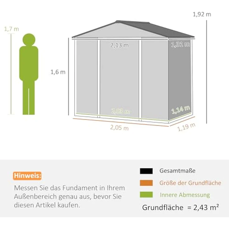 Outsunny Verzinktes Stahl Gerätehaus 2,43㎡ mit Abschließbarer Schiebetür und wetterfestem Satteldach, Grau – Bild 5