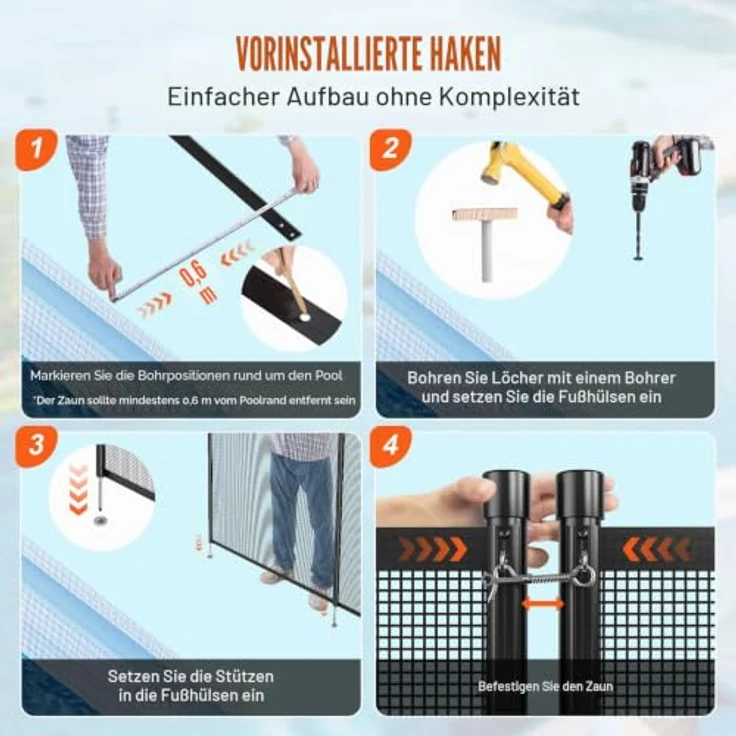 VEVOR Poolzaun, 1,21 x 21,95 m abnehmbarer Kindersicherheits-Poolzaun, Schwarz, einfache DIY-Installation, 340 g Teslin-PVC-Netz, schützt Kinder und Haustiere – Bild 5