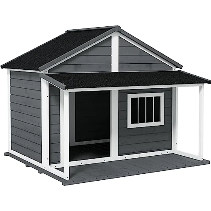 PawHut Hundehütte aus Massivholz Kleintierhaus Hundehaus mit Terrasse Asphaltdach Outdoor wetterfeste Hütte für draußen Grau 124 x 112 x 105 cm