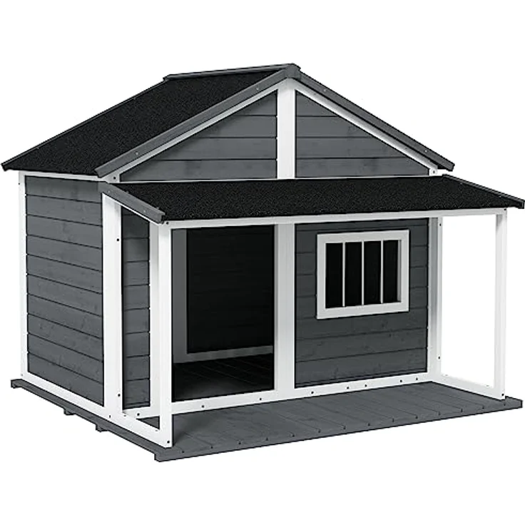 PawHut Hundehütte aus Massivholz Kleintierhaus Hundehaus mit Terrasse Asphaltdach Outdoor wetterfeste Hütte für draußen Grau 124 x 112 x 105 cm – Bild 1