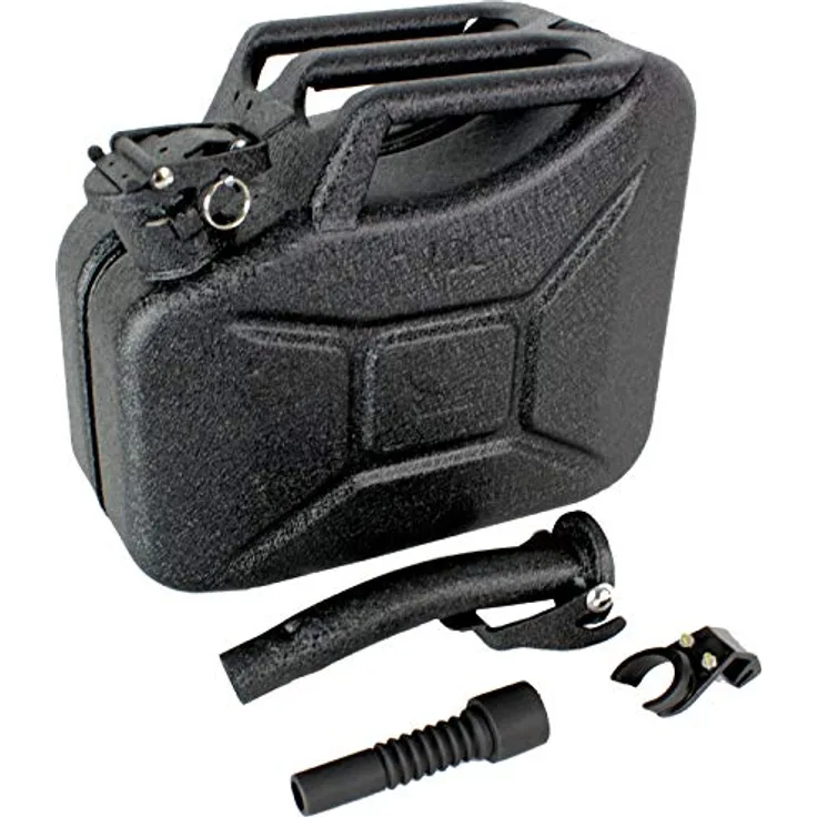 TRUTZHOLM Benzinkanister Metall 10 L, kratzfest schwarz mit Ausgießer und Halter