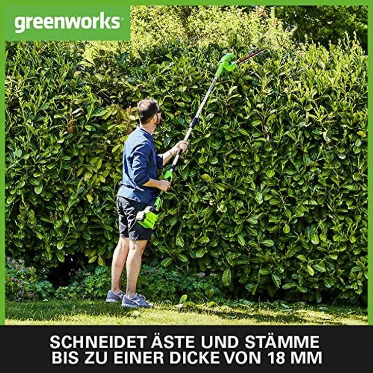 Greenworks Akku Teleskop Heckenschere G40PHA (Li-Ion 40V 51 cm Schwertlänge 18 mm Zahnabstand 3200 Schnitte/Min bis auf 250cm ausziehbarer Schaft mit 2Ah Akku und Ladegerät) – Bild 3