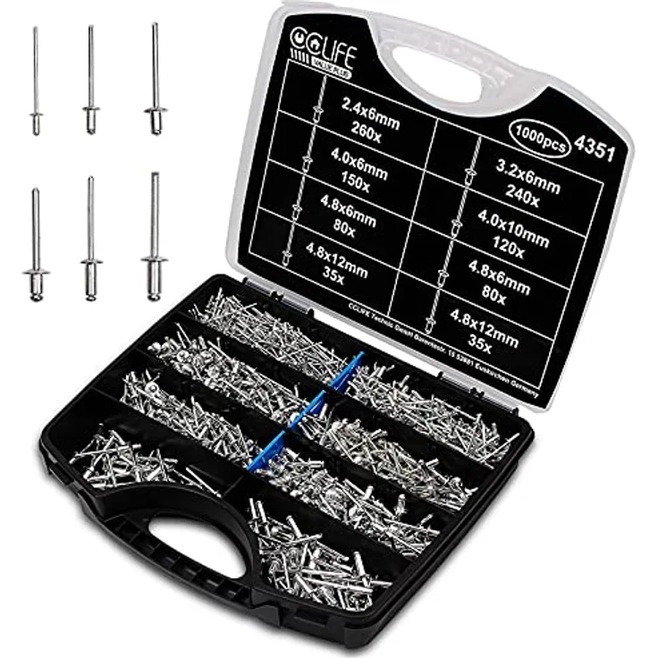 CCLIFE 1000tlg Nieten Alu Blindnieten Sortiment Popnieten Stahlniete 2,4-3,2-4-4,8mm