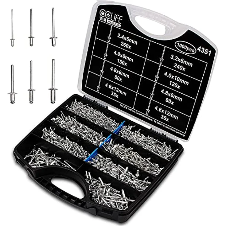 CCLIFE 1000tlg Nieten Alu Blindnieten Sortiment Popnieten Stahlniete 2,4-3,2-4-4,8mm – Bild 1