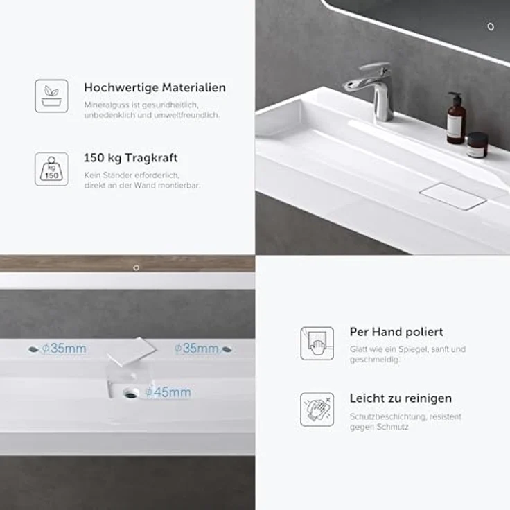 doporro Aufsatzwaschbecken Waschbecken Col19 Gussmarmor Waschtisch inkl. Ablaufgarnitur, mit Hahnlöcher, Eckiges Design, Hochwertiges Gussmarmor, Einfache Montage, Weiß – Bild 6