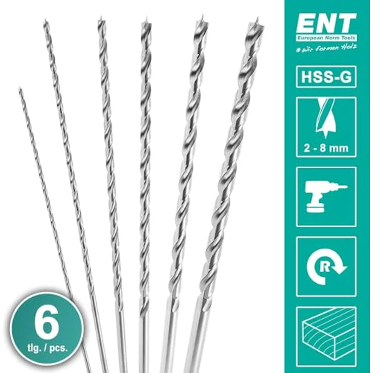 ENT 09246 Holzbohrer-Set, 6-teilig, HSS-G, Ø 2-8 mm, Nutzlänge 100/135 mm, Gesamtlänge 150/200 mm, präzise Zentrierspitze und Vorschneider – Bild 5