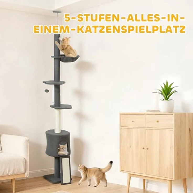 PawHut Kratzbaum Deckenhoch 200-240 cm, höhenverstellbar mit Hängematte, Höhle, Rampe und 7 cm dicken Kratzstämmen, für Katzen unter 5 kg, Dunkelgrau – Bild 5