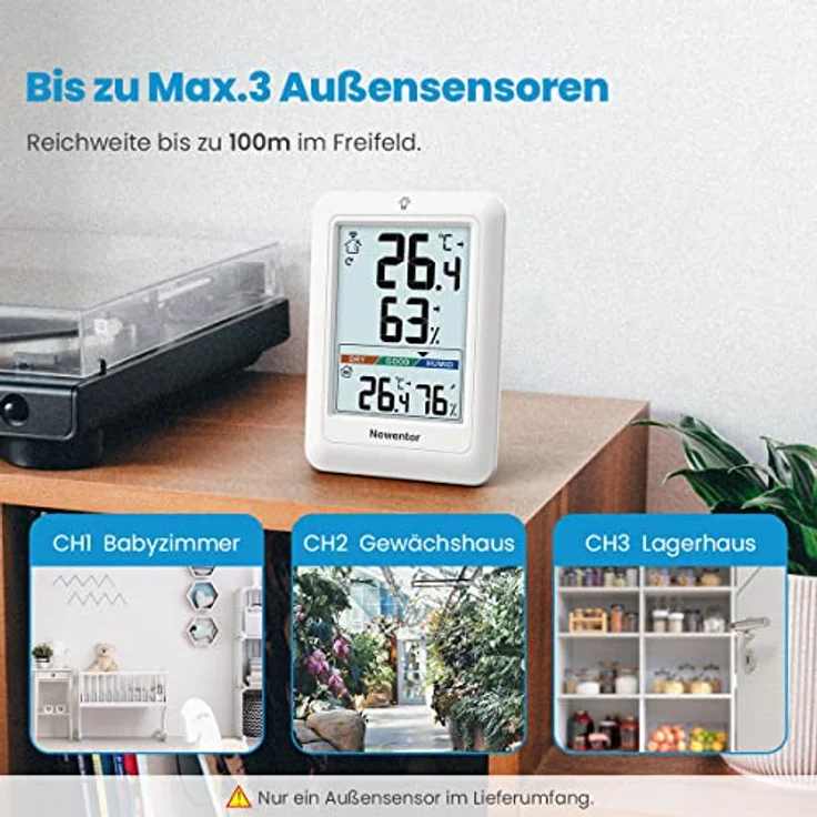 Newentor MAX MIN Thermometer Innen und Außen, Hygrometer mit Luftkomfortanzeige, Funk Wetterstation mit 1 Außensensor, Weiß, VA-Display mit Beleuchtung – Bild 5