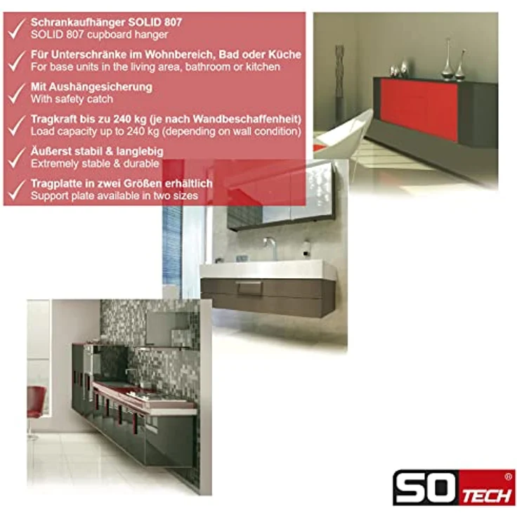 SO-TECH® Unterschrank Schrankträger Schrankhalter | Tragkraft 240 kg | Stahl verzinkt | Abdeckkappe: weiß | höhen- und tiefenverstellbar | Aufhänger: Anschlag (links) | mit vormontierten Spreizdübeln – Bild 2