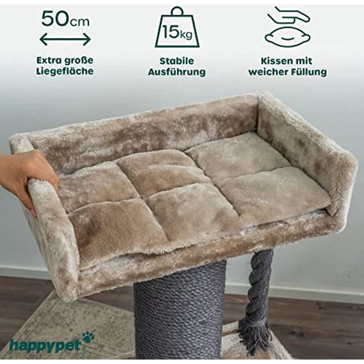 HAPPYPET Kratzbaum stabil 103 cm für große Katzen | Premium Qualität | 18 cm Sisalstämme mit 8 mm dickem Sisalseil | 600g Plüsch | Kratzbaum klein für schwere Main Coon | E1 Zertifiziert – Bild 3