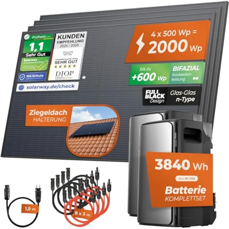 Solarway Balkonkraftwerk 2000 Wp mit 3,8 kWh Speicher, Plug & Play Komplettset, 4× 500 W Solarmodule, 2× EcoFlow STREAM Max (je 1,9 kWh), Wechselrichter im Speicher – Bild 2