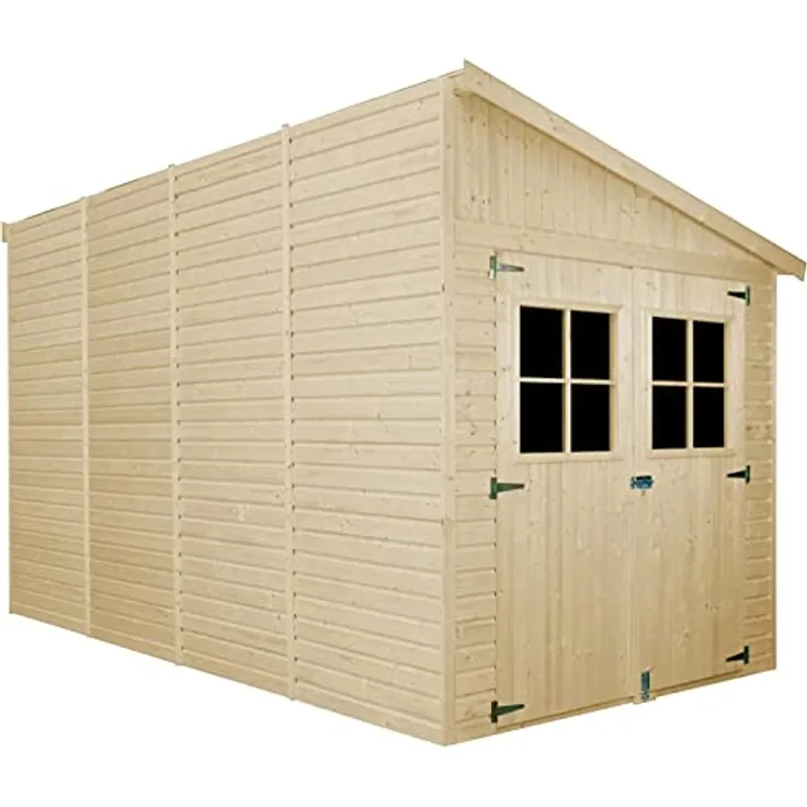 Holz Gartenschuppen (mit Seitenwand) MIT IMPRÄGNIERTEM Boden - Abstellkammer mit Fenstern - H244x216x416 cm/8 m2 - Gartenwerkstatt - Fahrrad- Geräteschuppen TIMBELA M340A+M340G