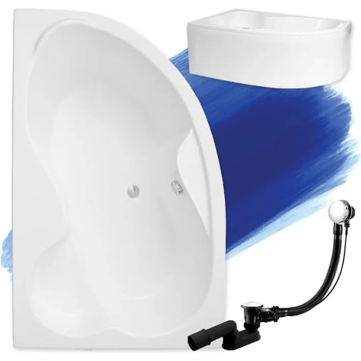Polimat BADLAND MEGA Eckbadewanne 160x105 cm, weiß, mit Acrylschürze, Füßen und Chrom Automatik Ablaufgarnitur, Komplettset 4in1, Made in EU – Bild 1