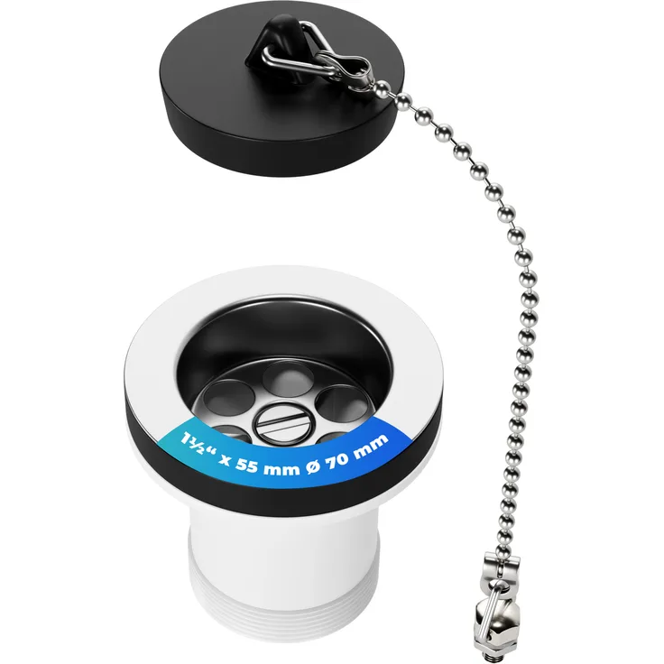 AquaDE Ablaufventil 1½ Zoll x 55 mm Ø70 mm Pop-Up Ventil mit Stopfen und Kette für Spüle, Kunststoff