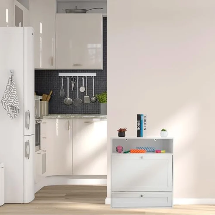 Relaxdays Futterschrank Hund, Schublade mit 2 Fressnäpfen, Kippfach, MDF, weiß – Bild 2