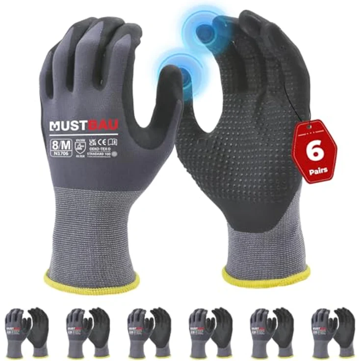 Mustbau Arbeitshandschuhe Schwarz, Nitril Beschichtung, Touchscreen-fähig, EN 388 zertifiziert, Gr. M, 6 Paare – Bild 1