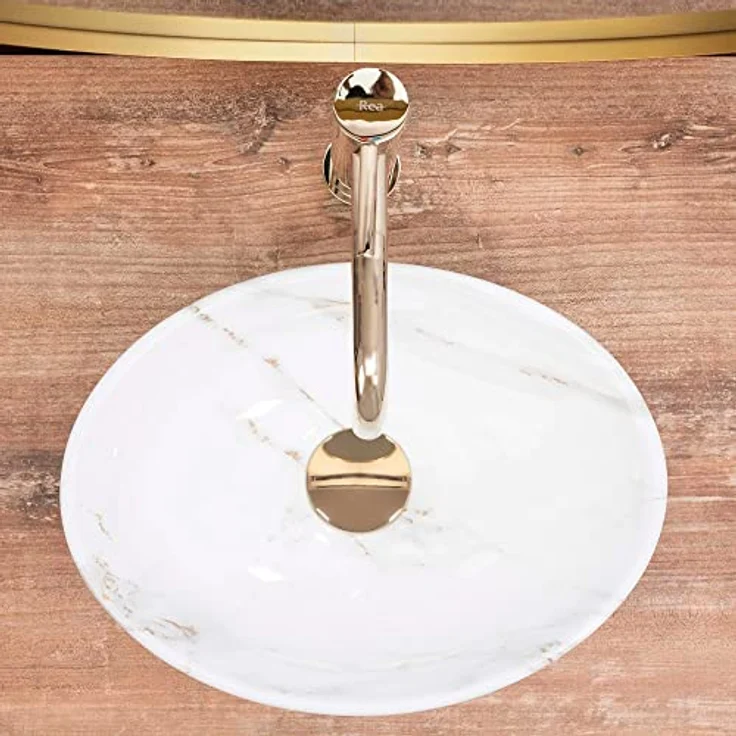 Rea Aufsatzwaschbecken SOFIA MINI SHINY AIAX Waschtisch Handwaschbecken Spülbecken Waschschale Waschbecken für Badezimmer aus hochwertiger Keramik 350 x 260 x 125 mm (Weiß, Marmorimitat) – Bild 4