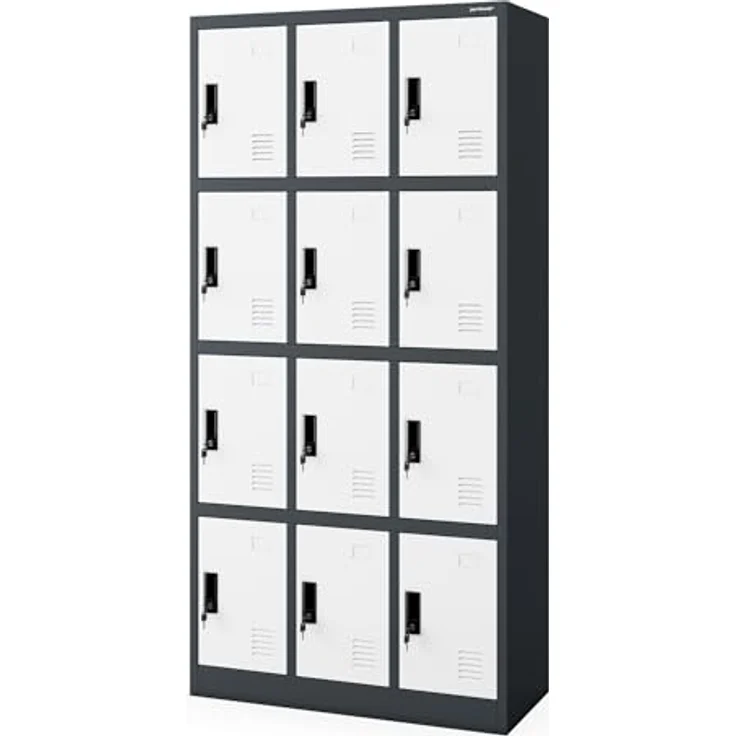 Jan Nowak Umkleideschrank, abschließbarer Personalschrank aus Metall, 12 Fächer, anthrazit/weiß, 185 cm x 90 cm x 40 cm – Bild 4