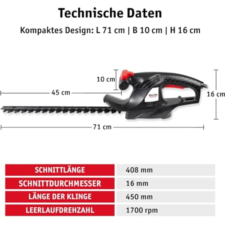 WALTER Elektro-Heckenschere 450 W, Präzisionsklinge aus U-Stahl, 408 mm Schnittlänge, Ergonomischer T-Griff, 2-Hand-Schutzschalter – Bild 6