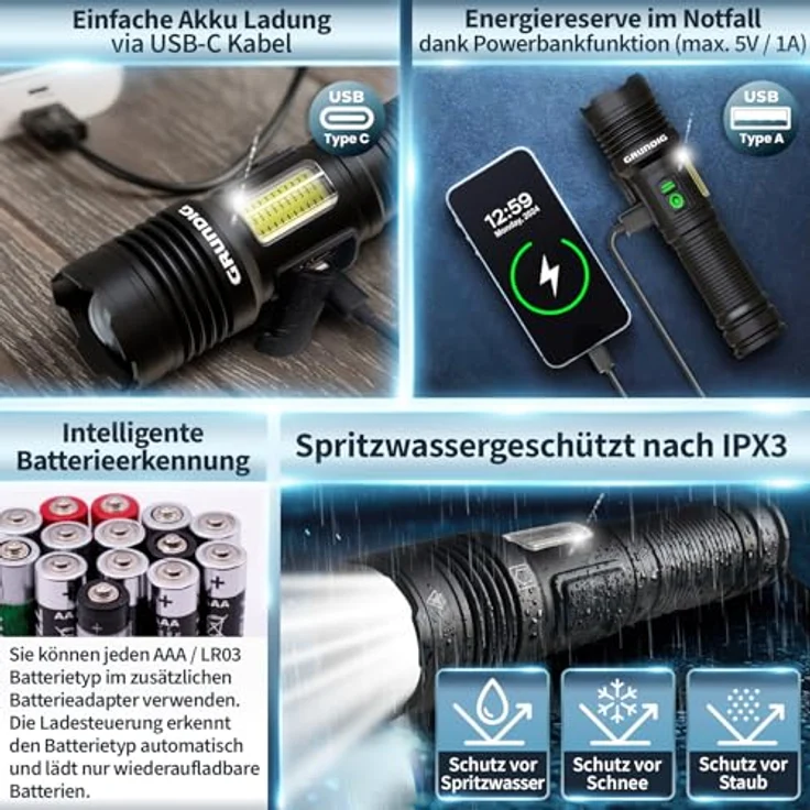 GRUNDIG LED Taschenlampe Ion Technologie, aufladbar, extrem hell, mit Powerbank und Arbeitsleuchte, Aluminium Gehäuse, wasserfest, 3000 mAh Akku – Bild 5